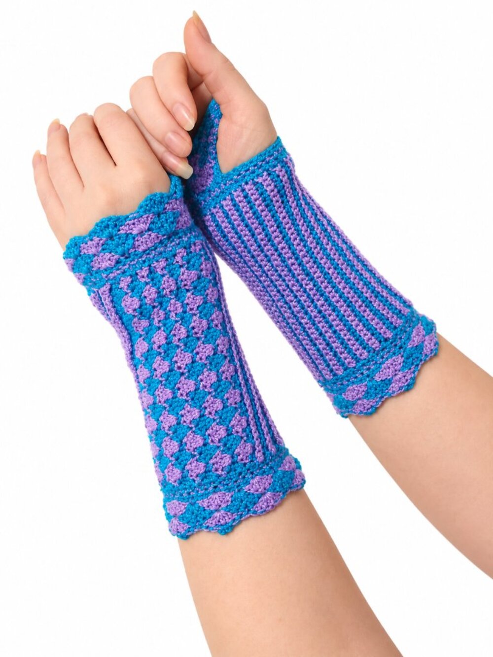 Handmade Reversible Crochet Fingerless Gloves Teal Purple Wrist Warmers